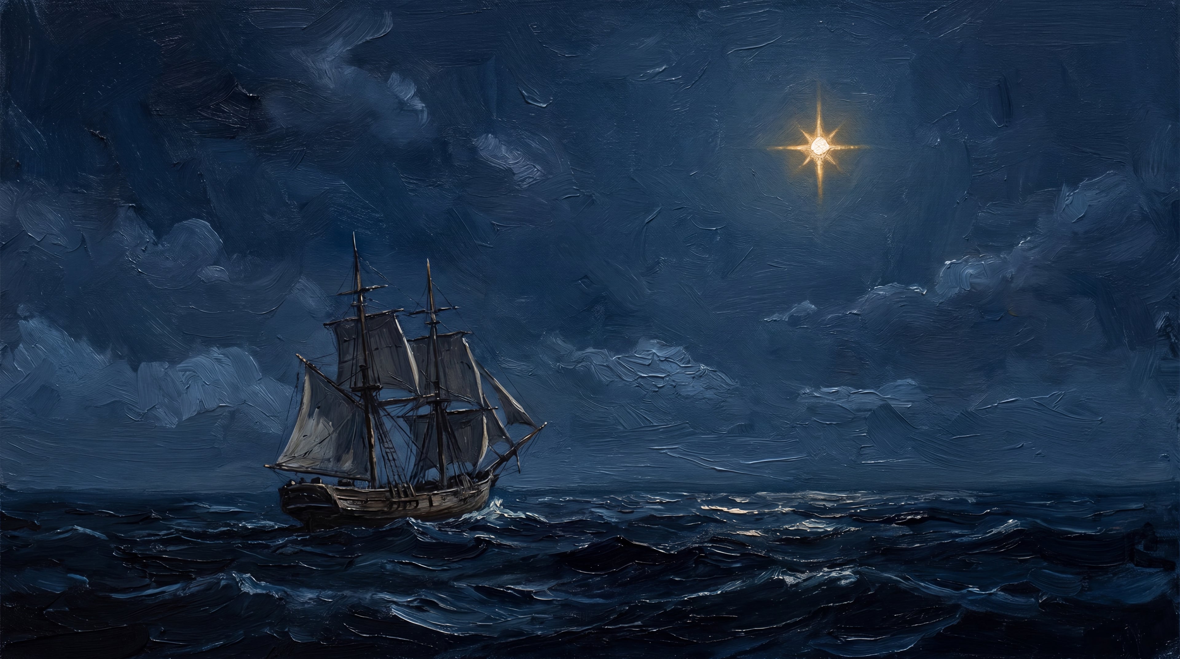 北極星を目指して夜の海を航海する船の油絵