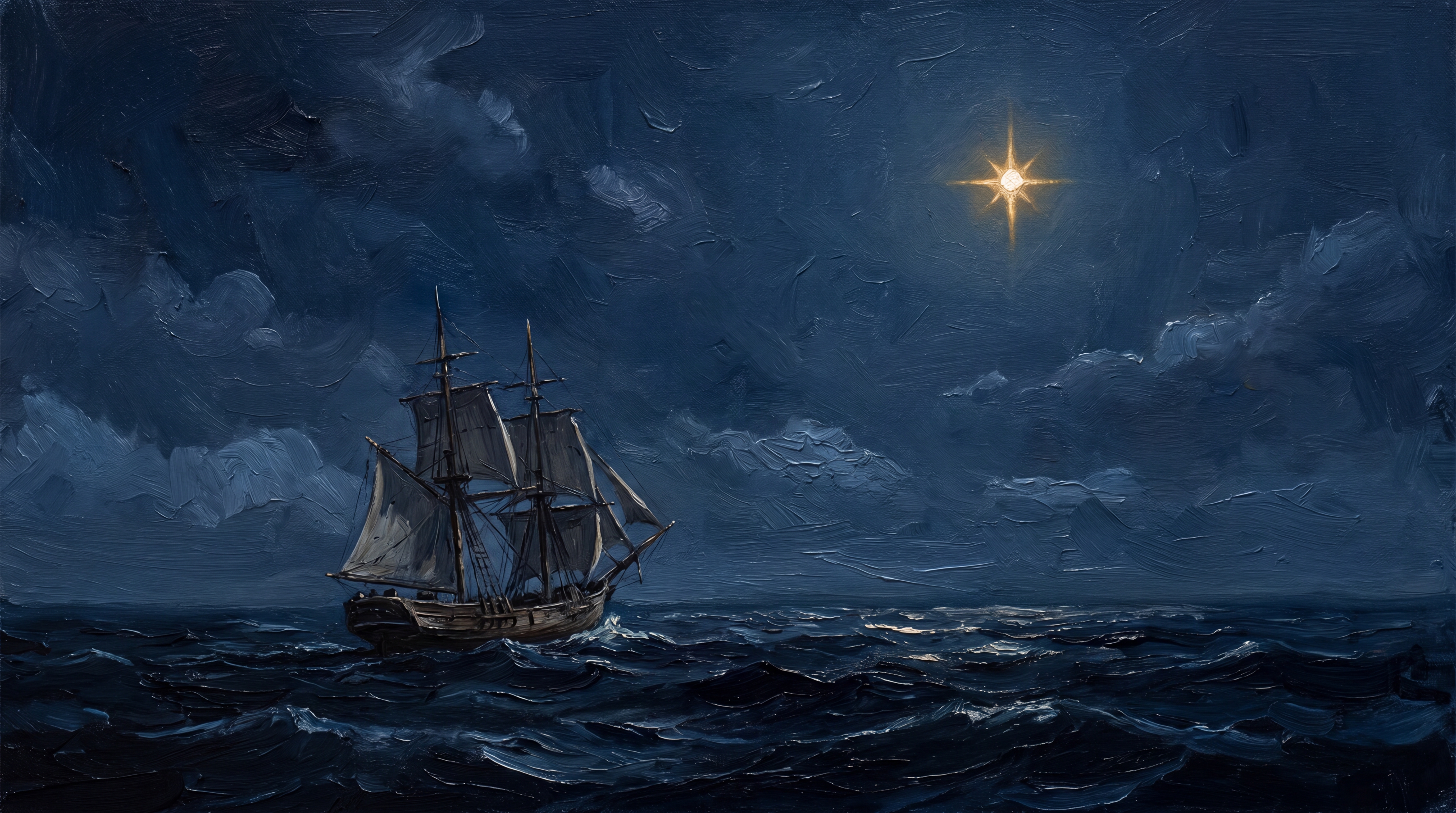 北極星を目指して夜の海を航海する船の油絵